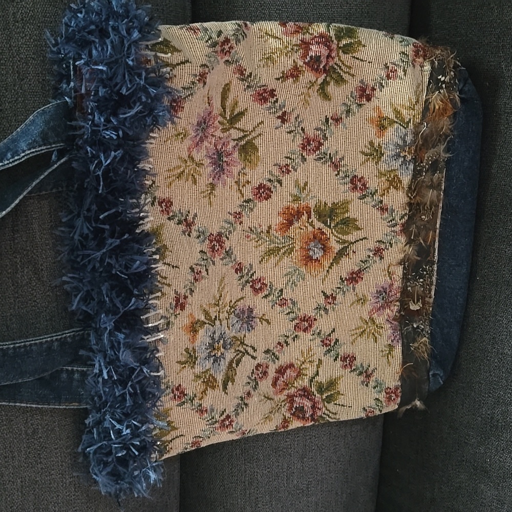 Upcycled tote bag denim floral feathers beads boho mixed media vintage w Pockets